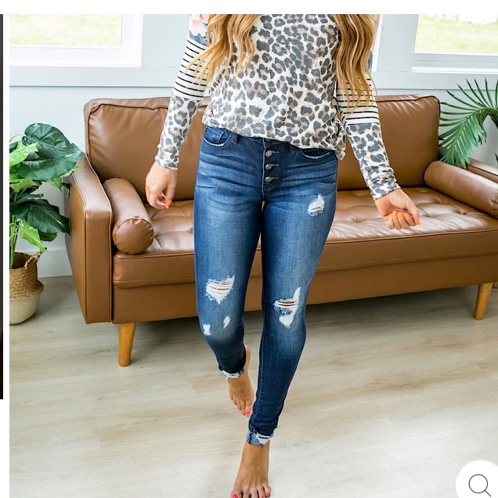 KANCAN MACEY DARK WASH DISTRESSED HIGH WAIST BUTTON UP JEANS